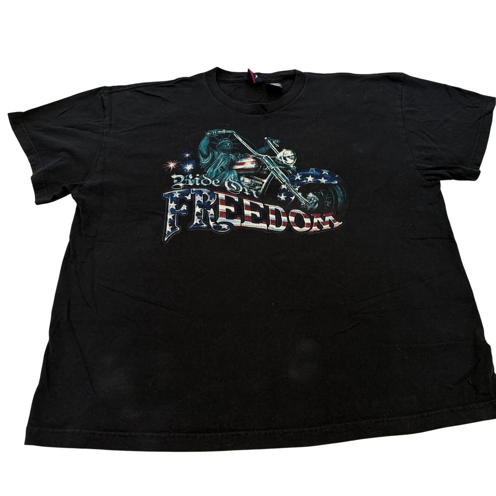 Mens 2XL Ride On Freedom Biker T-Shirt Black Cotton USA Flag Motorcycle Tee
